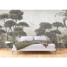 Een fotobehang met een monochrome jungle in een sfeervolle slaapkamer, waarin het subtiele spel van licht en schaduw een kalmerend en luxueus effect geeft.
