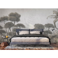 Een fotobehang met een monochrome jungle in de slaapkamer, waarin exotische bladeren in zwart-wit een serene en rustgevende uitstraling creëren.
