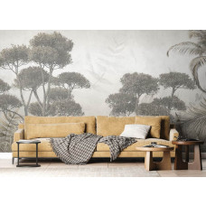 Een fotobehang met een monochrome jungle in een moderne woonkamer, waarbij de gedetailleerde planten en het zwart-witte kleurenpalet zorgen voor een chique en tijdloze look.