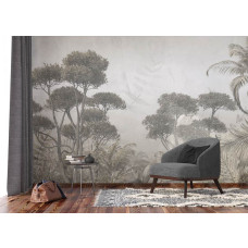 Een fotobehang met een monochrome jungle in de woonkamer, waar de contrasten tussen donkere en lichte bladeren een speels en elegant junglegevoel geven.