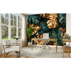 Fotobehang met monstera bladeren in groen en goud in een kantoor met luxe uitstraling.