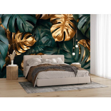 Fotobehang met donkergroene monstera bladeren in een rustige en stijlvolle slaapkamer.