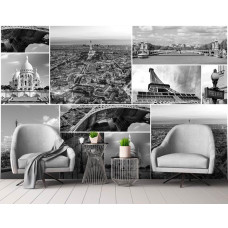 Een fotobehang met Parijse monumenten in een collage voor de huiskamer.