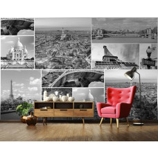 Een fotobehang van Parijse monumenten zoals de Eiffeltoren, ideaal voor de woonkamer.