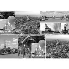 Fotobehang met een monumentencollage uit Parijs, met de Eiffeltoren in vliesbehangstijl.