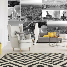 Een fotobehang van een collage van Parijse monumenten, zoals de Eiffeltoren, perfect voor de woonkamer.