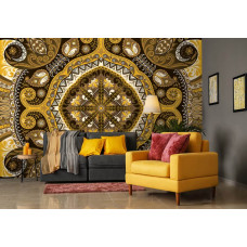 Een fotobehang met een geel abstract mozaļekpatroon in geometrische stijl voor de woonkamer.