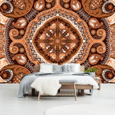 Een fotobehang van een mozaļekpatroon in oranje tinten voor de slaapkamer.