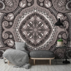 Een fotobehang met een abstract mozaļekpatroon in zwart-wit voor de slaapkamer.