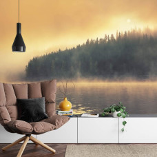 Een inspirerend fotobehang met een bos en mistig meerlandschap, ideaal voor een woonkamer.
