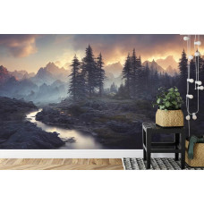 Een fotobehang met een schilderachtig landschap van een rivier en bergen, afgebeeld in een kantoor.