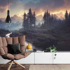 Een fotobehang met een riviertafereel tussen bergen, weergegeven in een woonkamer.