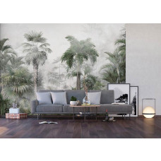 Fotobehang van een mystiek jungle bos in tropisch regenwoud voor de woonkamer, met levendige kleuren van de natuur en indrukwekkende bomen.