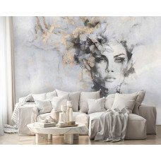 Een fotobehang van een mystieke vrouw met luxe goudtinten in een portret op beton in een huiskamer.
