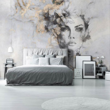 Een fotobehang van een mystieke vrouw met luxe goudtinten in een portret op beton in een slaapkamer.