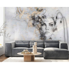 Een fotobehang van een mystieke vrouw met luxe goudtinten in een portret op beton in een woonkamer met vliesbehang.