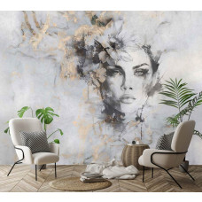 Een fotobehang van een mystieke vrouw met luxe goudtinten in een portret op beton in een woonkamer.