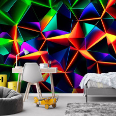 Fotobehang met een wervelstorm van neon verlichte scherven, toegepast in een gamekamer met een explosieve en futuristische uitstraling.