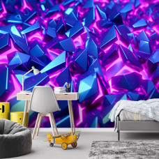 Fotobehang met neon verlichte kristallen, toegepast in een gamekamer met een moderne en energieke look in blauw en paars.