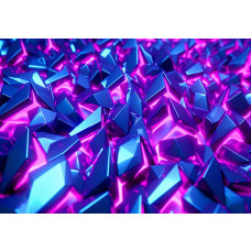 Fotobehang met scherpe kristalvormen in glanzend blauw en een neon roze-paarse gloed voor een futuristische uitstraling.