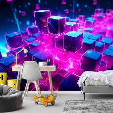 Fotobehang met neonverlichte zwevende kubussen in een gamekamer, met een futuristische matrix-structuur in paars en blauw.