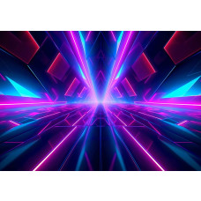 Fotobehang met een felgekleurde neon tunnel in 3D, met roze en blauwe lichtstralen die een futuristisch effect creëren.