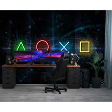 Fotobehang met neonverlichte PlayStation-iconen tegen een donkere achtergrond, geplaatst in een moderne gamekamer.