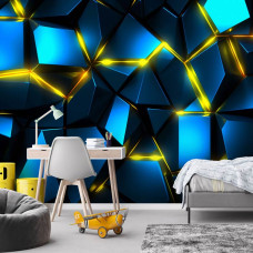 Fotobehang met scherpe blauwe scherven en oplichtend neonlicht, toegepast in een gamekamer, met moderne uitstraling.