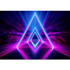 Fotobehang met neonblauwe en neonroze driehoeken die samen een futuristische tunnel vormen met een sterk 3D-effect.