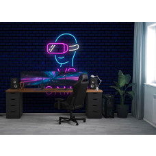 Fotobehang Neon VR Games in een gamekamer met levendige neonkleuren en VR-headset op donkere baksteenachtergrond voor een futuristische uitstraling.