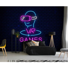 Fotobehang Neon VR Games in een tienerkamer met futuristische neonstijl en VR-headset op een donkere baksteenachtergrond.