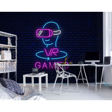 Fotobehang Neon VR Games in een gamekamer met opvallende neonkleuren en VR-headsetontwerp op donkere baksteenachtergrond.