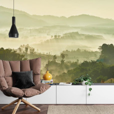 Een rustgevend fotobehang van een nevelig landschap met bergen en bos, ideaal voor een huiskamer.