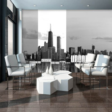Een fotobehang van de skyline van New York en Chicago met stadslichten en een urban uitstraling.