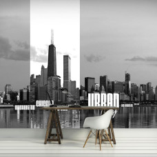 Een fotobehang van de iconische skyline van New York en Chicago, passend in een kantoor.