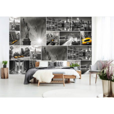 Een fotobehang met een New York collage van het Vrijheidsbeeld en een gele taxi, ideaal voor de slaapkamer.