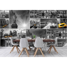 Een fotobehang van New York, met het iconische Vrijheidsbeeld en een gele taxi, geschikt voor de woonkamer.