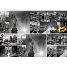 Fotobehang van een New Yorkse collage, met het Vrijheidsbeeld en een gele taxi.