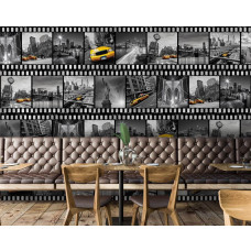 Een fotobehang van New Yorkse iconen, zoals het Vrijheidsbeeld, voor de horeca.