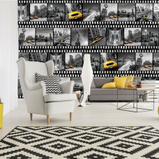 Een fotobehang van een filmstrip met het Vrijheidsbeeld en een gele taxi, perfect voor de woonkamer.