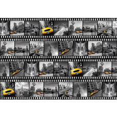 Fotobehang van een filmstrip uit New York, met het Vrijheidsbeeld en een gele taxi.