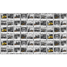 Fotobehang met een fotocollage uit New York, met foto's van het Vrijheidsbeeld en een gele taxi.