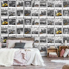 Een fotobehang van New York met een fotocollage van het Vrijheidsbeeld en een taxi, geschikt voor de woonkamer.
