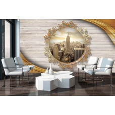 Een fotobehang van New York’s skyline in vintage perspectief met houten planken achtergrond.