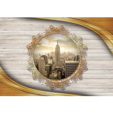 New York fotobehang met een vintage perspectief van houten planken en iconische gebouwen.