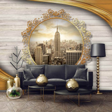 Een fotobehang met torens en gebouwen van New York in een vintage stijl, ideaal voor een woonkamer.
