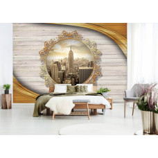 Een fotobehang met een perspectief van New York in vintage stijl op een houten planken achtergrond voor een slaapkamer.