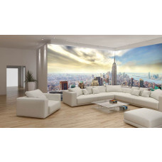 Een fotobehang van New York's skyline met gebouwen en een stedelijke sfeer.