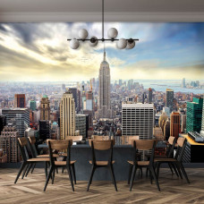 Een fotobehang met de skyline van New York, geplaatst in een keuken.