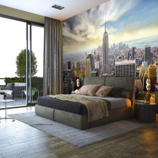 Een fotobehang van New York's skyline met hoge gebouwen, passend voor de slaapkamer.